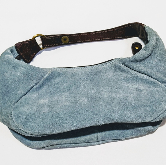 Small powder blue suede Roots clutch - Picture 1 of 3